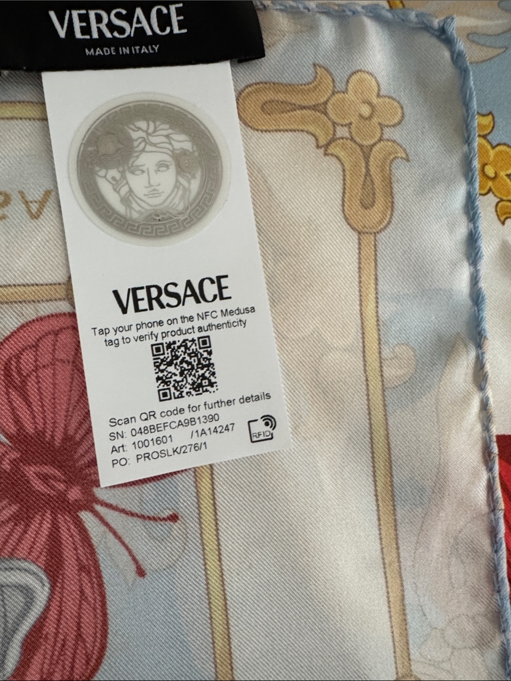 Versace NWT Red & Pale Blue Butterfly Silk Scarf with Gold Accents in BOX - Picture 5 of 12